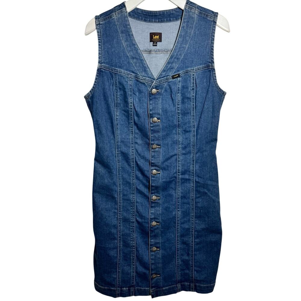 Lee Denim Button Front Jumper 90s Dress M Sleeveless Stretch Jean Western Y2K
